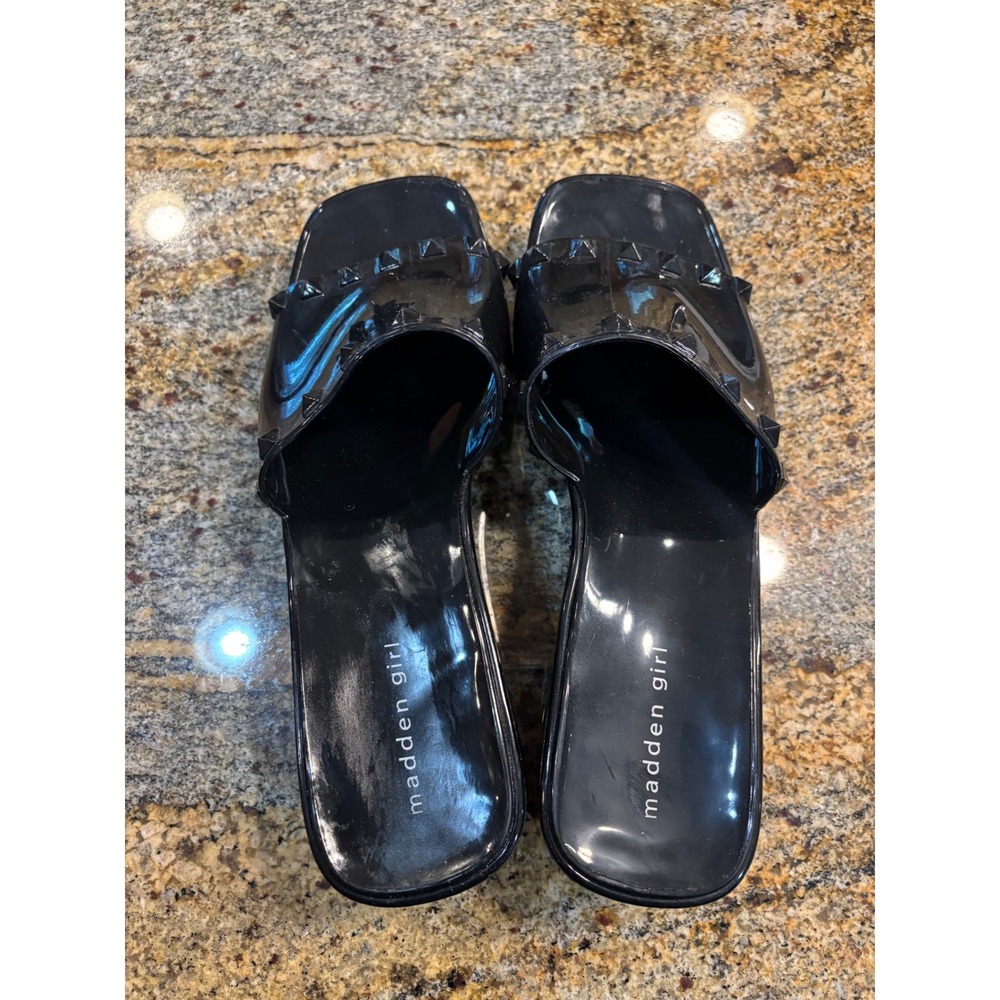 Madden Girl Black Studded Square‎ Toe Platform Slide Sandals Block Heels Size 10 - Picture 3 of 5